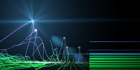 Abstract background graph wavy color data lines with white points and light. Technology...
