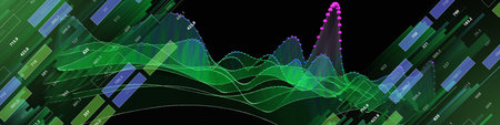 Abstract  background waving wireframe grid from color spheres on data boxes. Technology concept data...