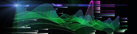 Abstract  background waving wireframe grid from color spheres and lines on spot. Technology concept...