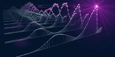 Abstract  background waving wireframe grid with data color spheres and spot. Technology concept data...