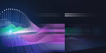 Abstract background color graph with white lines, dots and blurred lines on dark. Interlacement ...
