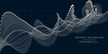 Abstract background twisting graphs  from white spheres and lines in grid. Technology wireframe helix concept in virtual space.Banner for business, science and technology data analytics. Big Data.のイラスト素材