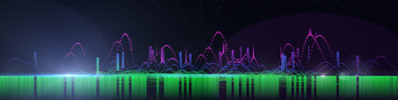 Abstract background color graph from wavy color sphere in lines on dark. Technology concept data...