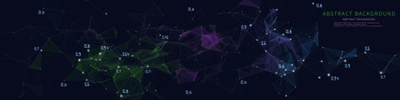 Abstract  background noisy polygonaly grid  in net from dots and lines and data on dark blue....