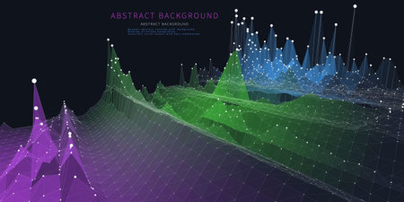 Abstract  background noisy polygonaly graph  in net from dots and lines on dark. Technology wireframe concept data plexus in virtual space. Banner for business, science and technology data analytics. Big Data.のイラスト素材