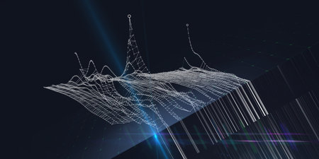 Abstract background grid polygonal wireframe graph with circles and blurred lines on blach....