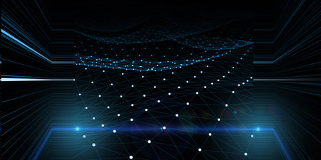 Abstract  background wavy blue wireframe and blurred lines on dark. Technology wireframe concept...
