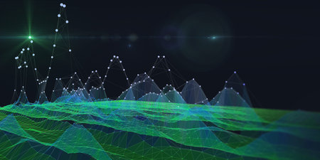 Abstract  background color graph wireframe from circles and noisy lines on dark. Technology...