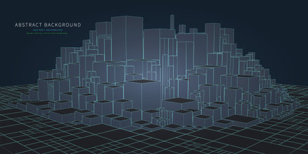 Abstract low poly wireframe cubes group like technology city. Connected lines and rectangles. Chaotic boxes structure concept. Big Dataのイラスト素材