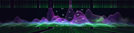 Abstract  background waviy color grid from dots and data lines on black. Technology wireframe...