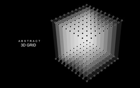 Abstract 3D grid cube. From circles and lines. Primitive object. 3D technology design. Futuristic wireframe structure for technology or science concepts. Vector Illustration.のイラスト素材