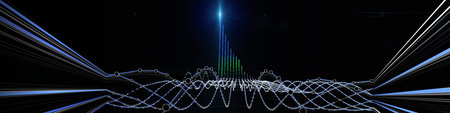 Abstract  background  polygonaly graph from wavy grid, dots in  lines on black and light. Technology...