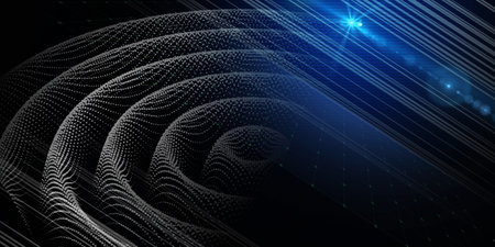 Abstract background with points in radial grid waves and spotlight on black. Technology cyberspace concept.の写真素材