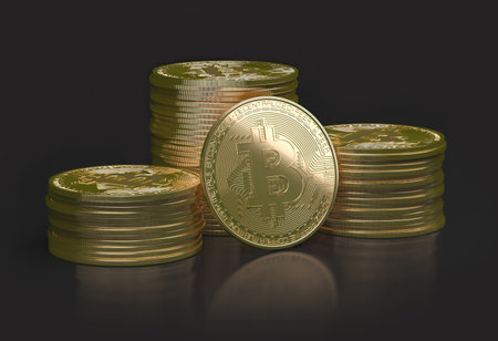 Group coins bitcoin golden in realistic 3D rendering. Bitcoin price rising, cryptocurrency, exchange and blockchain concept.の写真素材