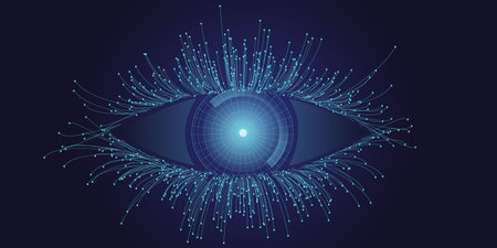Abstract digital eye with wireframe ball, lines and dots. Techno concept futuristic eye in cyberspace.のイラスト素材