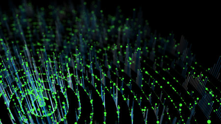 Abstract Big Data radial round graphs. Quantum concentric flows computing universe.  Futuristic round graph  with data green dots in cyberspace of AI . Digital information motion presentation.の写真素材