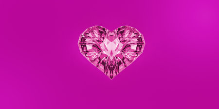 3D render illustration of glass heart from faceted glass on pink background. Concept Valentine day romantic.の写真素材