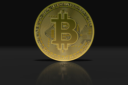 Coins bitcoin golden with teflection realistic 3D rendering. Bitcoin price rising, cryptocurrency, exchange and blockchain concept.の写真素材
