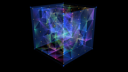 Abstract background 3D digital cube quantum computing. Multi core box. 3D algoritm blockchain grid ...
