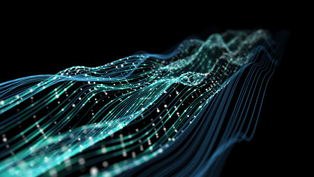 Abstract futuristic blue lines and particles in way. Glowing dots over lines in cyberspace. 5G....