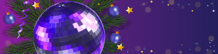 Christmas top view with color discobal, stars and fir tree. Mockup for your xmas party design. Decorations on dark purple background.のイラスト素材