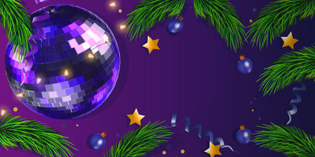 Christmas top view with color discobal, lampsl and fir tree. Mockup for your xmas party design. Decorations on dark blue background.のイラスト素材