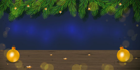 Christmas background with wooden table and fir tree. For product placement banners. Mockup for your xmas design.のイラスト素材