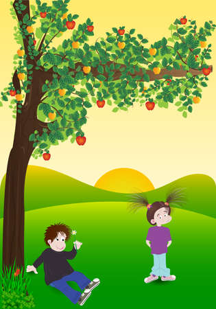   illustration of boy and girl under the tree  Used opacity, transparency and blending modeのイラスト素材