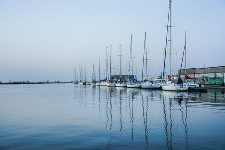 Aveiro, Portugal - February 2019: View of the Marina da Antiga Lota, with docked sailboats and...