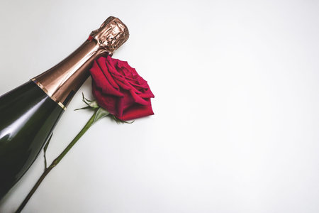 Horizontal photo of festive valentines day with bottle of champagne and elegant red colombian rose in white background. With copy spaceの写真素材