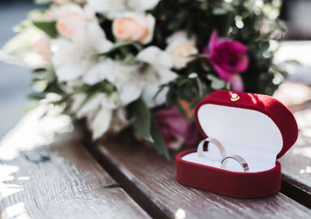 Wedding bouquet with ringsの写真素材