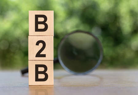 B2B Word On Wooden Blocks on table with magnifier on green backgroundの写真素材