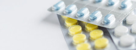 Different: tablets, pills in blister pack, medications drugs, macro, selective focus, copy spaceの写真素材