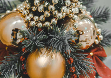 Close up Christmas tree decorations and New Year background, Winter holiday decoration, selective focusの写真素材