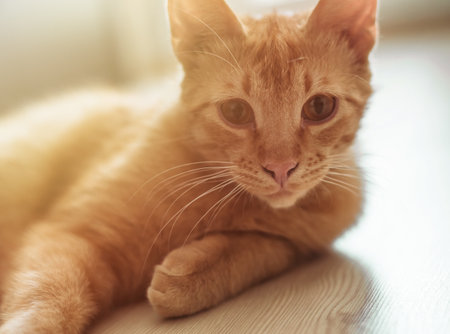 closeup portrait of a redhaired cute tabby cat that lies on the floor and looks at the camera. Sunlight and home comfort. The concept of domestic animalsの写真素材
