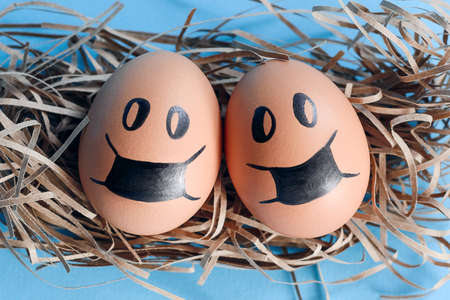 A happy egg pair in protective masks lies in the nest.の写真素材