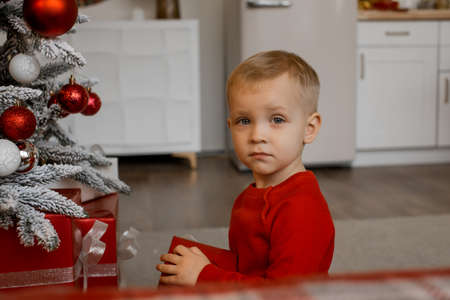 Portrait of a happy boy near the Christmas tree and giftsの写真素材