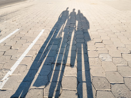 Textured pavement background with shadows people on sunny spring dayの写真素材