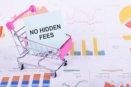 Text NO HIDDEN FEES printed on a blue sticker inside a shopping trolley on financial backgroundの写真素材