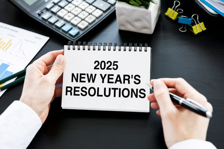 A person writes down their New Year's resolutions for 2025 while surrounded by office supplies and a...