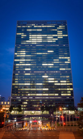 UN United Nations New York City headquarters at twilight - August 31, 2015, 1st avenue, New York...