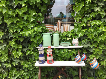 Shelf with ceramics in front of a wall covered with ivy