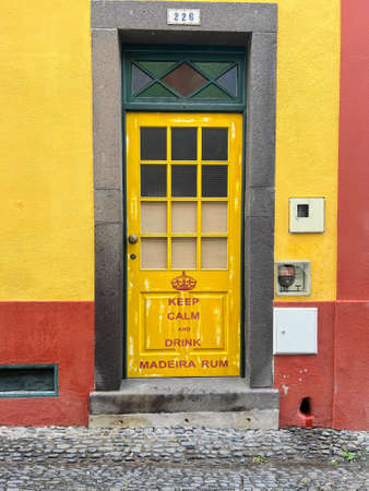 FUNCHAL, MADEIRA / PORTUGAL - December 19, 2021: Painting at a permanent street art exhibition on doors facing the street in Funchal - Madeira on December 19, 2021.のeditorial素材