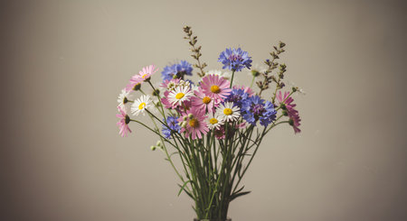 Bouquet of daisies and cornflowers in vaseの素材