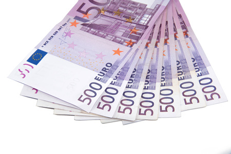 Isolated five hundred Euro bank notes on white backgroundの写真素材