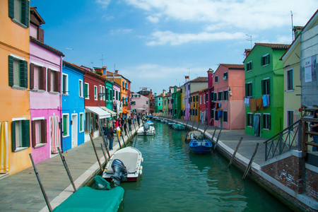 Colourful houses along the canal on Burano Iceland, Italyの写真素材
