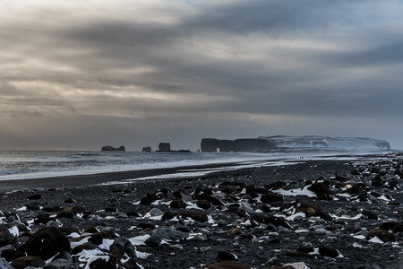 View of Dyrholaey from black sand beach, Vik, Icelandの写真素材