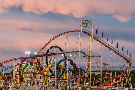 MUNICH, GERMANY - 16 OCTOBER 2017: View of rollercoaster in Oktoberfest during sunsetのeditorial素材