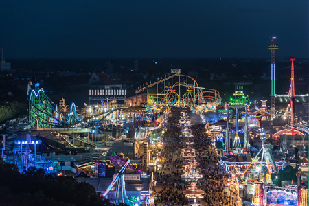 MUNICH, GERMANY - 22 SEPTEMBER 2017: Aerial view of Oktoberfest from St. Paul Cathedral at nightのeditorial素材