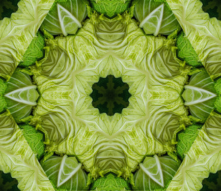 Abstract background with geometric kaleidoscopic design obtained from green cabbage heads at the farmer's marketの写真素材